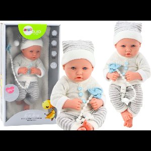 Levensechte babypop - wit/grijs gestreept - 35x16x10 cm - incl accessoires