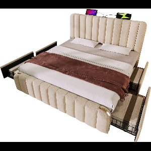 Merax Queensize Tweepersoonsbed met Pocketvering Matras 160x200 cm - Gestoffeerd Bed met USB-C en Opberglades - Beige