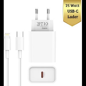 Oplader met oplaadkabel geschikt voor Lightning – Snellader met 2 Meter geschikt voor USB-C naar Lightning 25W iPhone 14 / 14 Pro / 14 Pro Max / iPhone 13 en iPhone 12 – Originele WiseQ Oplader