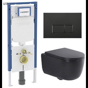 QeramiQ Dely Swirl Toiletset - 36.3x51.7cm - Geberit UP720 Duofix Sigma inbouwreservoir - 35mm zitting - mat zwarte bedieningsplaat - rechthoekige knoppen - mat zwart