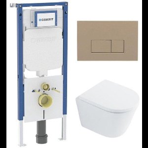 QeramiQ Dely Toiletset - 36.3x51.7cm - diepspoel - rimless - Geberit UP720 inbouwreservoir - softclose toilet zitting 35 mm - bedieningsplaat taupe - rechthoekige knoppen - wit glans