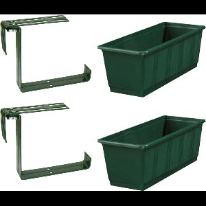 Set van 2 kunststof plantenbakken donkergroen rechthoekig 40 cm met 4 verstelbare railing beugels