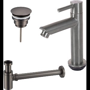 Fortifura Calvi fonteinkraanset met staande fonteinkraan laag, always open plug en design sifon PVD Geborsteld Geborsteld Gunmetal PVD