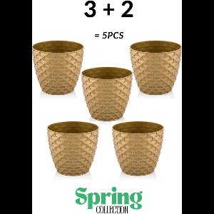 3+2 - Bloempotten rond goud - met afwatering en wateropvang - 5 ronde sierpotten