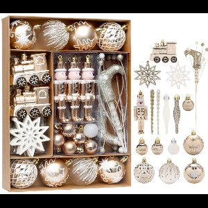 Gigicial Kerstversieringset - Kerstboomversieringen - Onbreekbaar Plastic Goud En Champagnekleurige Ornamenten Met Glitter Afwerking - 50 Stuks - Voor Kerstboom, Adventskrans En Feesttafel