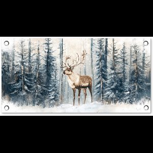 Tuinposter 60x30 cm - Tuindecoratie Rendier - Sneeuw - Woud - Wit - Poster voor in de tuin - Buiten decoratie - Schutting tuinschilderij - Tuindoek muurdecoratie - Wanddecoratie balkondoek