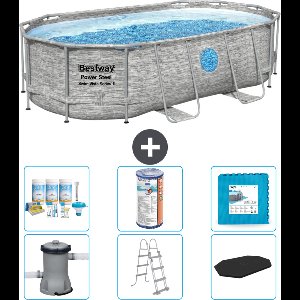 Bestway Ovaal Power Steel Swim Vista Zwembad - Steenprint - 427 x 250 x 100 - Inclusief Pomp - Ladder - Afdekzeil Onderhoudspakket - Filter - Vloertegels