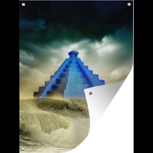 Tuin decoratie De Maya piramide wordt bestormd door een tsunami in een illustratie - 30x40 cm - Tuindoek - Buitenposter