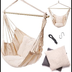 Braziliaanse Hangmatstoel met Kussens – Ecru Beige – Belastbaar tot 100 kg – Comfortabele Stoel voor Binnen & Buiten – Katoen – 98 cm Kruisstang