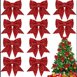 longziming -Set van 10 Kerststrikken – Rood met Glitter Pailletten, 15 x 14 cm, Glanzende Kerstboom Decoratie, Herbruikbaar & Eenvoudig te Bevestigen