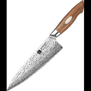 Koksmes van gehamerd Japans 67-laags Damascus Staal | Proffessioneel keukenmes met handvat van Walnoothout | B46W Series