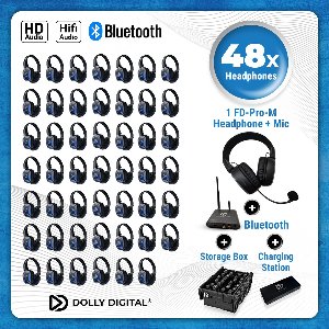 48 set Silent Disco Pro Box Bluetooth | 48 HiFi Headsets FD-Pro, Oplaadbare zender T80-Pro Bluetooth, oplaadstation | DOLLY DIGITAL©