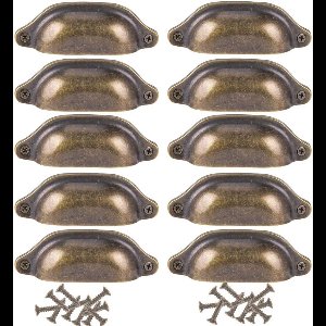 TOVBMUP Vintage ladeknop in schelpvorm - gebogen ijzeren kastdeurgreep - antiek brons - verpakking van 10 - 98 mm