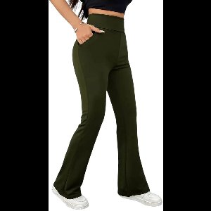 HORIZON Flared Broek met Zakken - Dames Legging - PETIT Pijplengte - Casual Flare Pants - Broek met Zakken - Stijlvol & Sportief - Rekbaar - Zachte stof - Army Green - Maat XXL
