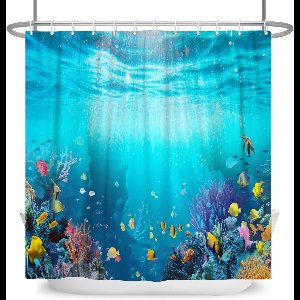 Selbro®, 122 x 183 cm Onderwaterwereld douchegordijn onderzeese kleurrijke koraal tropische vissen onderwater dieren thema bad gordijn voor kinderen badkamer decor waterdicht met haken