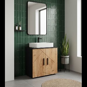 Luxe Wastafelkast “Irma Deluxe” – Antraciet & Eiken – Modern Badkamermeubel met 2 Deuren, Opbergruimte & Sifonuitsparing – 60x30x59 cm – MDF & Spaanplaat – Elegante Onderkast voor Wastafel – Stijlvol & Functioneel Design