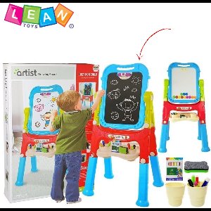 LeanToys – 2-in-1 Magnetisch Dubbelzijdig Krijtbord & Whiteboard voor Kinderen – Blauw/Rood – Inclusief Markers, Krijt, Spons, Magneten & Accessoires – Draaibaar 360° – Verstelbare Poten – Educatief Speelgoed – Schoolbord Kinderen + Gratis E-book
