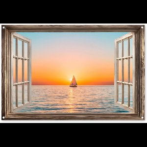 Tuinposter 120x80 cm - Tuindecoratie Doorkijk - Zee - Boot - Zonsondergang - Poster voor in de tuin - Buiten decoratie - Schutting tuinschilderij - Tuindoek muurdecoratie - Wanddecoratie balkondoek