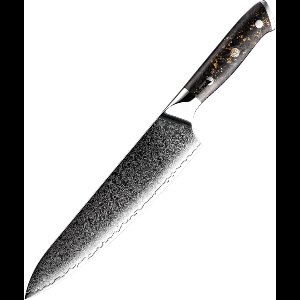 Dastium Home - 67-Laags Damascus Staal Koksmes 20CM - Damaststaal Keukenmes - Japans Mes van Echt Damascus Staal - Met Ergonomisch Goud met Forged Carbon Handvat
