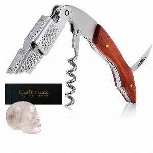 Luxe Kelnersmes in Giftbox met Witte Kwarts Skull – RVS & Rozenhout – Wijnopener, Kurkentrekker & Flesopener – Catrinaz®