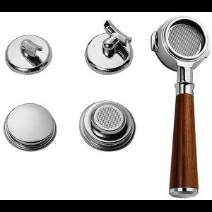 MUVNA - E61 3-in-1 Portafilter Sandalwood - Bottomless - 58mm - 1 x Blindfilter - 1 x 1-kops uitloop - 1 x 2- kops uitloop - filterbakje enkel en dubbel - prachtig houten handvat - RVS