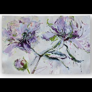 Kontoer design ® Artistieke bloemen tuinposter, 120x80 cm met bloemen in prachtige paarse kleuren en veel details, zoals verfstreken, druppels, oliepastelkrijt ; Tuinposter bloemen, Tuinschilderij bloemen, Tuindoek, Schuttingposter, Buitenposter