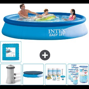 Intex Rond Opblaasbaar Easy Set Zwembad - 366 x 76 cm - Blauw - Inclusief Pomp Afdekzeil - Onderhoudspakket - Filters - Vloertegels