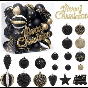 Gigicial Onbreekbare kerstversiering - Milieuvriendelijke kerstversiering - Klassiek ontwerp, veelzijdig - 65 stuks - Geschikt voor kerstbomen en tafeldecoraties, zwart en goud kleurenschema