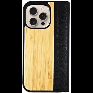 Houten flip case, iPhone 16 Pro – Bamboe met zwart leer