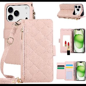 Luxe Wallet Case – Geschikt voor Apple iPhone 17 Pro – Telefoonhoesje met Ritsvak, Kaartsleuven & Verstelbare Schouderriem – Roze
