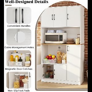Hoge Keukenkast met Stopcontact & USB – 180 cm Opbergkast met Deuren, Open Planken & Werkblad – Multifunctionele Buffetkast voor Keuken, Woonkamer & Badkamer – Wit – Novihome