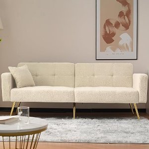 Luxe Slaapbank 2-Zits – Verstelbare Bank met Bedfunctie – Beige Bankbed met Opbergtassen – Moderne Slaapbank met Gouden Poten en Kussens Depauwwonen