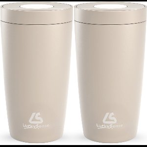 LuckySense® Koffiebeker to go - Set van 2 - Thermosbeker - Travel Mug - 380ml - RVS - Lekvrij - Taupe