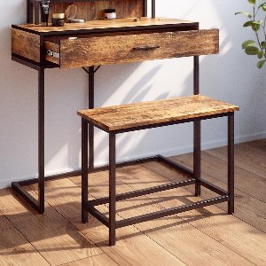 Luxe Kaptafelbank “Fyrk” – Make-Up Kruk voor Kaptafel – Industrieel Eiken Rustiek/Zwart – 60×30×45 cm – Comfortabele Stoel voor Dressing – Meubelaccessoire – Medahome