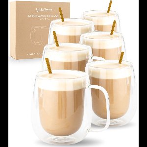 Dubbelwandige Koffieglazen met Oor - 350ml – Set van 6 - Theeglazen – Latte Macchiato & Cappuccino Glazen – Incl 6 Lepels