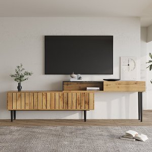 Moderne tv-standaard met marmer- en houtnerfontwerp, PVC-rand, ijzeren poten, donkere houtkleur, woondecoratie, ruimtebesparend, duurzaam en duurzaam
