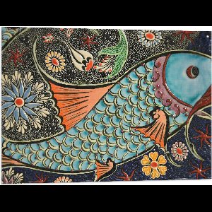 WallClassics - Vlag - Mozaiek in Verschillende Kleuren in Vorm van Vis - 80x60 cm Foto op Polyester Vlag