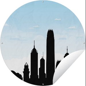 Tuincirkel Illustratie van de silhouet van Hong Kong onder een lichtblauwe lucht - 90x90 cm - Ronde Tuinposter - Buiten