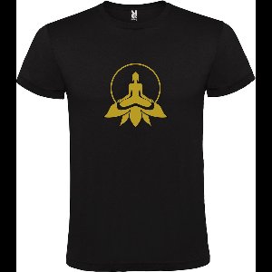 Zwart T shirt met print van " Boeddha in cirkel op lotusbloem " print Goud size XS