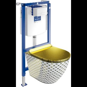 Villeroy&Boch Inbouwreservoir Complete Toiletset ViConnect H112 - Inbouw WC Hangtoilet Wandcloset SOFI SLIM CHECKED GOLD - Bedieningsplaat Wit - Voorwandelement voor toilet - Installatiesysteem