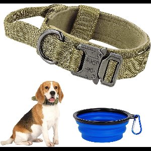 Inovra - Verstelbare Militaire Hondenhalsband met Handvat - Duurzame Nylon Hondenhalsband met Metalen Gesp voor Middelgrote Honden (Bruin) incl. Opvouwbare Hondenkom