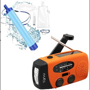 Noodpakket 6 IN 1 Noodradio + Waterfilter Set - Opwindbaar + Zonneenergie + Nood Radio Op ingebouwde Batterijen ( Accu ) - Solar - Voor Rampen - Draagbare - FM AM - Blauw