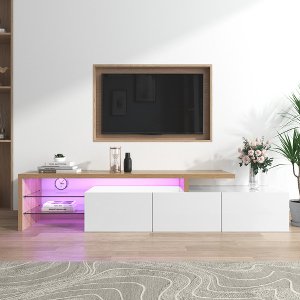 Modern TV-meubel design - Stijlvolle elegantie - praktische opbergruimte - houtlook, glazen legplanken, LED-verlichting - hoogglans wit