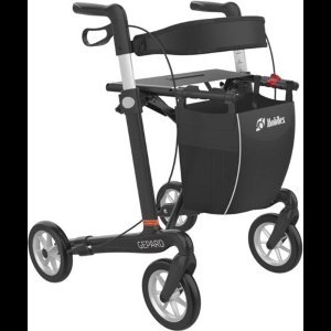 Mobilex rollator Gepard - Zwart - Met comfort banden - Frame van carbon - zithoogte 62 cm -Lichtgewicht en opvouwbaar - binnen en buiten - Voorzien van tas, rugband en stokhouder