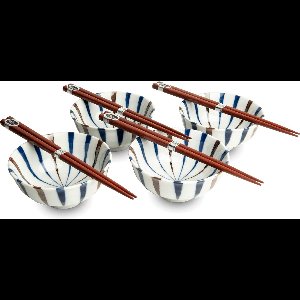 Edo Japan Kommetjesset Stripes - 12x5.5cm - 4 kommen + 4 paar chopsticks - Made in Japan - giftbox