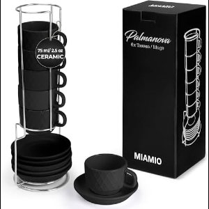 6 x 75 ml Espressokopjes/espressokopjes set met ruitpatroon keramiek - Palmanova collectie (Zwart)