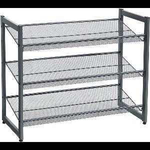 Stapelbaar schoenenrek - 3 laags schoenenorganizer - Metalen schoenenplank met verstelbare platte of schuine planken - Beschermrails - 30.5 x 74 x 61.5 cm - Biedt plaats aan 9 - 12 paar - Grijs
