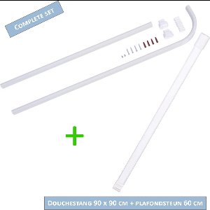 AquaVive Douchestang Hoekmodel 90x90 cm Ovaal Wit – Inclusief Plafondsteun 60 cm – Complete Set – Aluminium