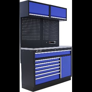 Kraftmeister werkplaatsinrichting - Werkbank met 2 wandkasten en RVS werkblad - Werktafel met 7 laden, 1 opbergkast en gereedschapswand - Complete set voor werkplaats of garage - Blauw