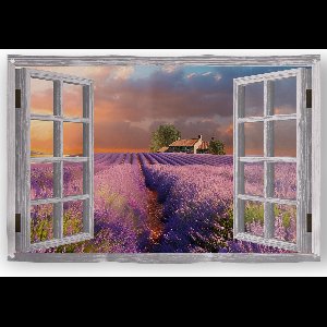 Tuinposter doorkijk xxl 120x80 cm met uitzicht op een lavendelveld in het Italiaanse Toscane, een zonsondergang, een oude boerderij, een meer en bergen; Tuinposter lavendel, Tuinposter bloemen, Tuinposter Italië, Schuttingposter, Buitenposter